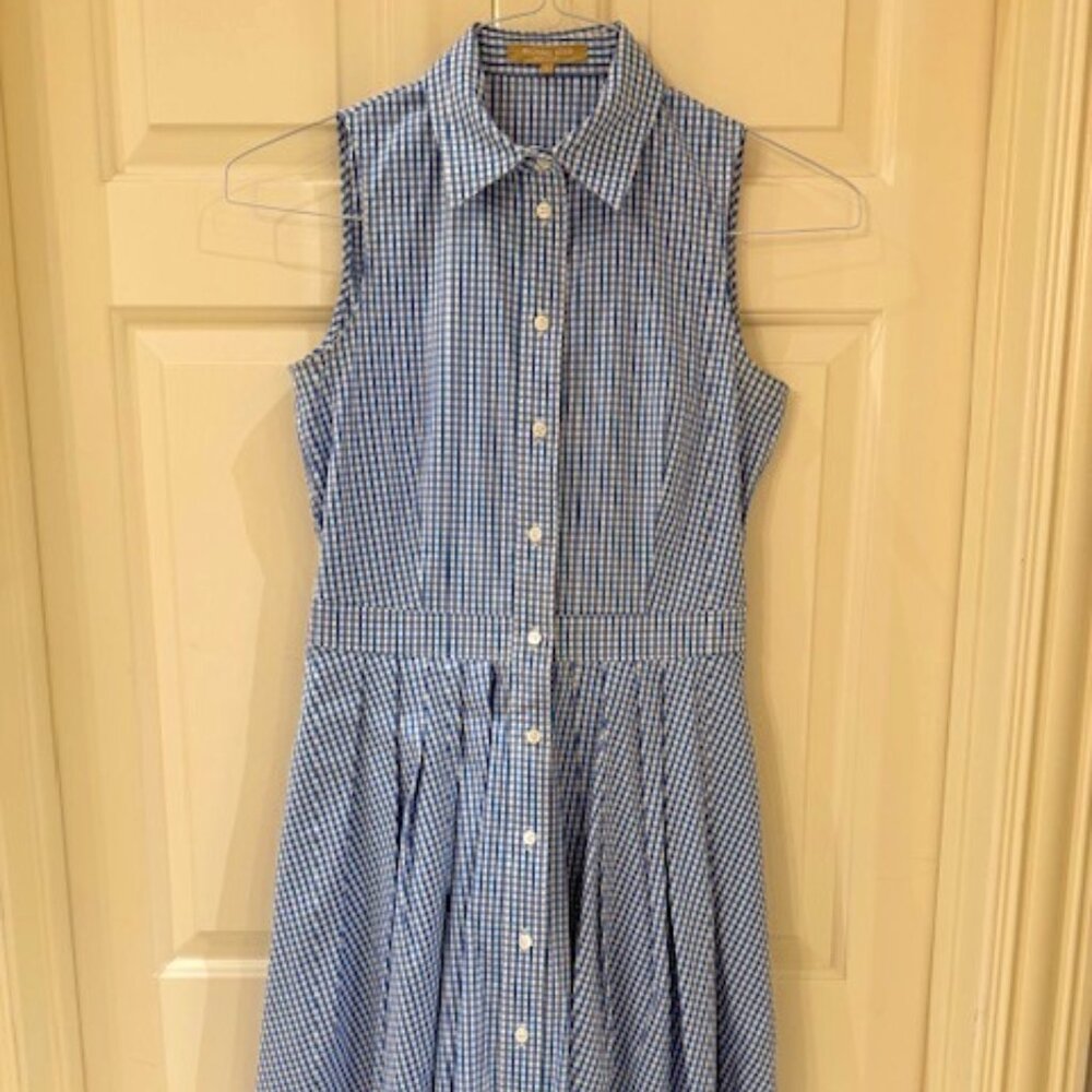 Michael Kors Blue-and-White Gingham Dress with Pockets, Size 8